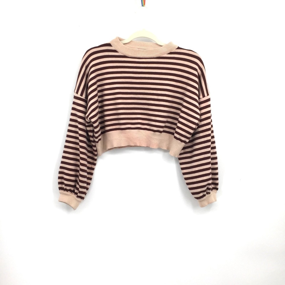 3.3‎ Field Trip Brown & Cream Long Sleeve Striped Crop Crewneck Sweater OS